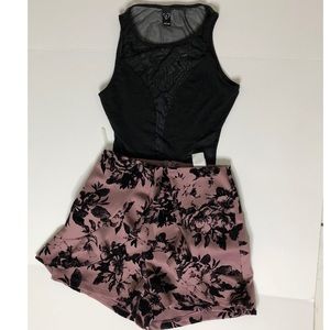 Black Mesh body suit with Velvet accent Shorts